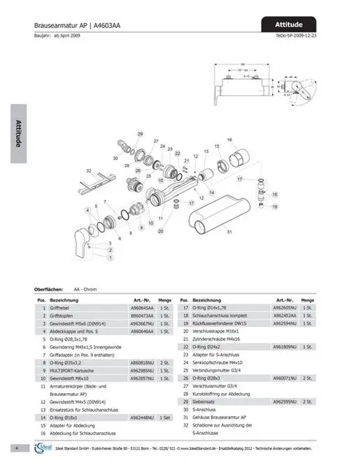 Explosionszeichnung und Teileliste für Brausearmatur von Ideal Standard, Modell Attitude. Enthält Detailansichten der Komponenten und technischen Informationen.